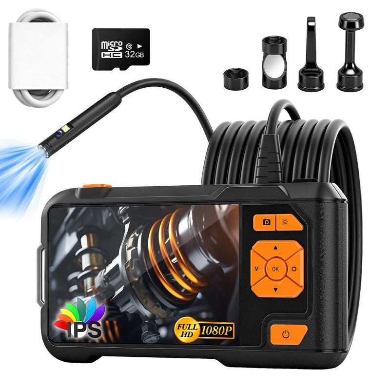 Dual Lens Endoscope Camera with Light, 1080P HD Borescope with 5" IPS Screen, 16.5FT Semi-Rigid Waterproof Inspection Camera, Snake Camera with Light & 32GB Card for Mechanic Tools & Plumbing