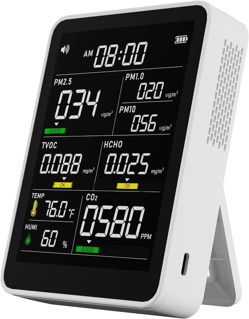 Air Quality Monitor Indoor,13-in-1 Smart Air Quality Tester with PM 2.5, CO2, TVOC, HCHO, PM1, AQI, PM10, Temperature & Humidity, Real Time Display, Battery Powered, for Home & Office (White) White