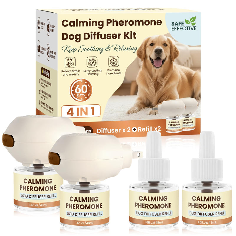 Dog Pheromones Calming Diffuser to Calm Dogs 4 IN 1 Kit (2 Diffusers+2 Refills) Pheromone Plug In for Stress Barking Pee Accidents Chewing Aggression Separation Anxiety Relief 60 Days(Odorless) Odorless
