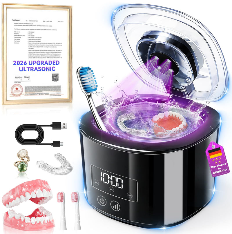 5.0 Upgraded Ultrasonic Retainer Cleaner 300 ML【Top1 German Motor】【50KHz Ultrasonic & 360°U/V Dual Tech】【4.0 AI Smart Chip】【Rechargeable】for Denture, Braces, Night Guards, Aligner,Jewelry and More Black