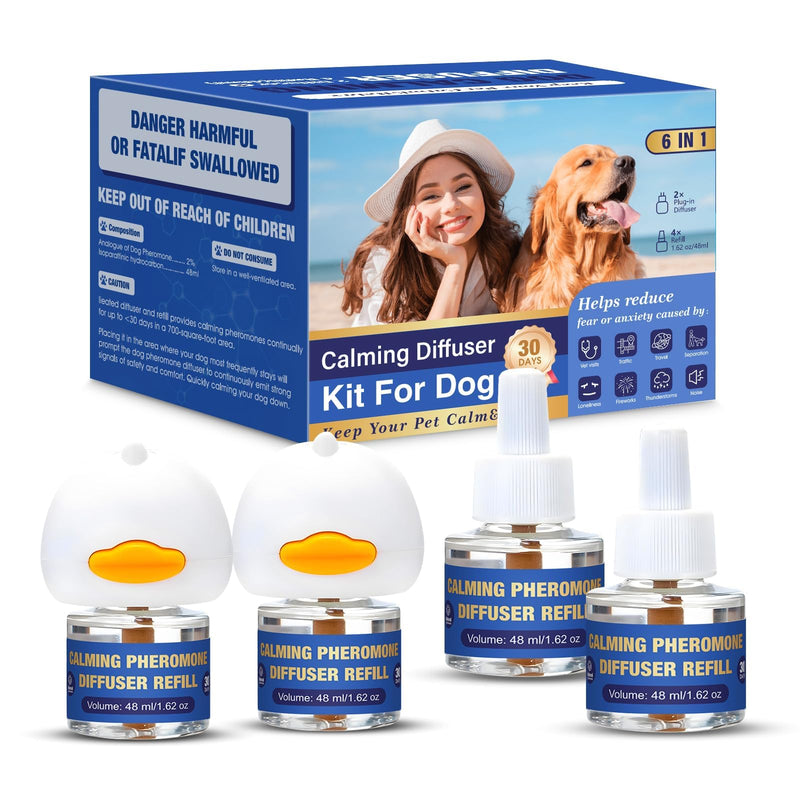 Dog Pheromone Calming Diffuser: Relaxing Pheromone Diffuser for Dogs Relief Stress Anxiety Fighting Scratching Barking, Dog Calming Pheromone Diffuser Kit with 2 Plug in Diffuser+4 Refill 48ml (6in1) 6in1