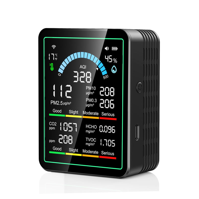 Air Quality Monitor Indoor, 10 in 1 Portable Smart Air Quality Tester for CO2 | TVOC | HCHO | Temp | AQI | PM0.3-1 Detection Suitable for Home, Cars, Plants, Pets and Hotels -Black Black