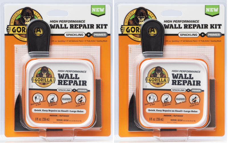 GORILLA Wall Repair Kit, Heavy Duty Spackling Tub, 4 in Patch, 8 Fl Oz (Pack of 2)