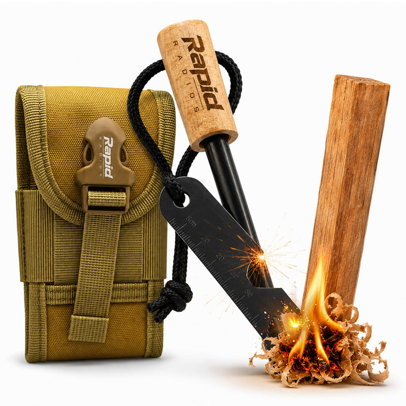 Rapid Radios Fire Starter Kit | Ferro Rod Fire Starter with Striker, Wax-Coated Tinder & Waterproof Storage | Survival Fire Starting Kit for Camping, Hiking, Hunting & Emergency Preparedness