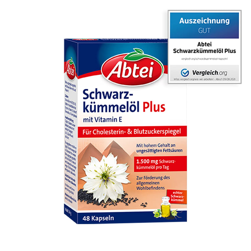 Abtei Black Cumin Oil Plus - with Vitamin E - Dietary Supplement for Cholesterol and Blood Sugar Levels - 1 x 48 Capsules 48 Pieces (Pack of 1) - NewNest Australia