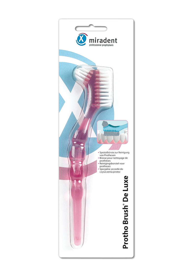 miradent Protho Brush® De Luxe pink denture brush 1 piece | two sizes of bristle fields | large ergonomic handle | available in two colors | also ideal for on the go - NewNest Australia