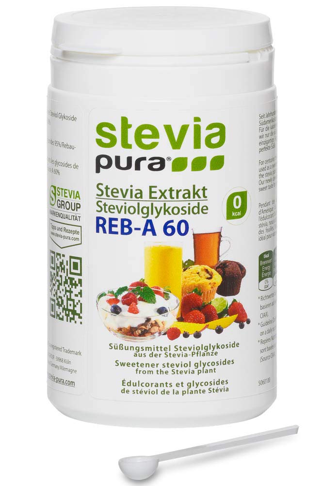 stevia pura | Pure stevia extract powder - white stevioside extract - highly concentrated sweetener from the stevia plant | 100% Stevia of which Reb-A 60% WITHOUT additives - WITHOUT sugar | 100 g can with measuring spoon 100 g (pack of 1) - NewNest Australia