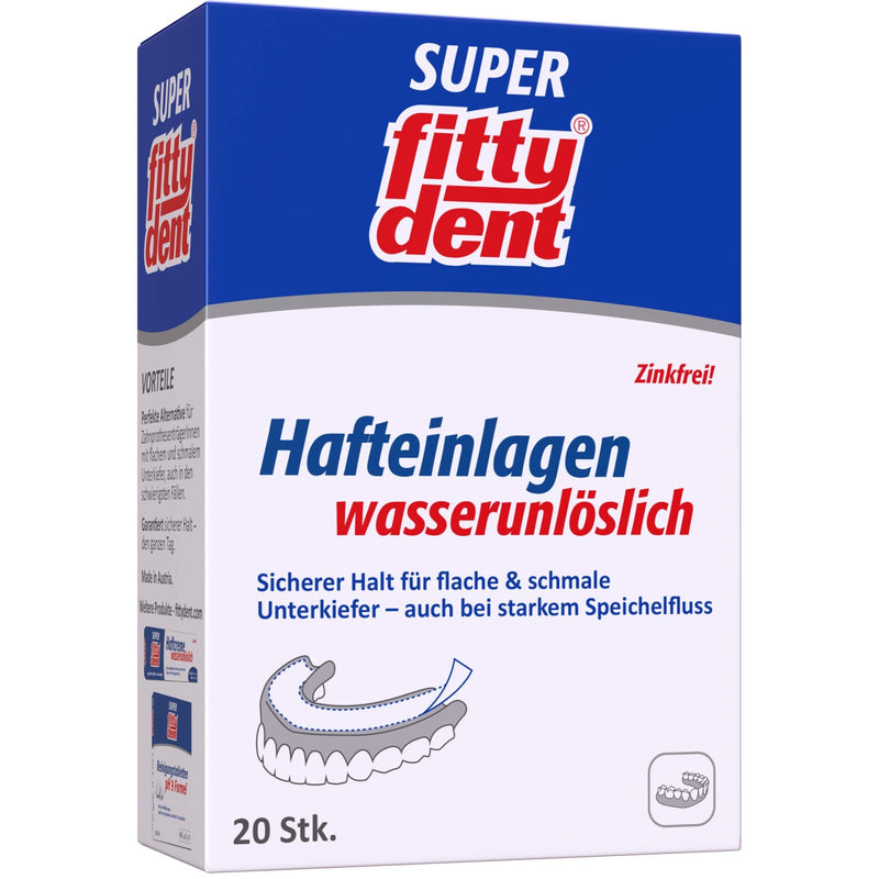 FITTYDENT Super adhesive insoles | Especially for narrow & flat lower jaws | Strong, long and secure hold for lower jaw prostheses | Insoluble in water, no rinsing or slipping | 20 pieces 20 pieces (pack of 1) - NewNest Australia