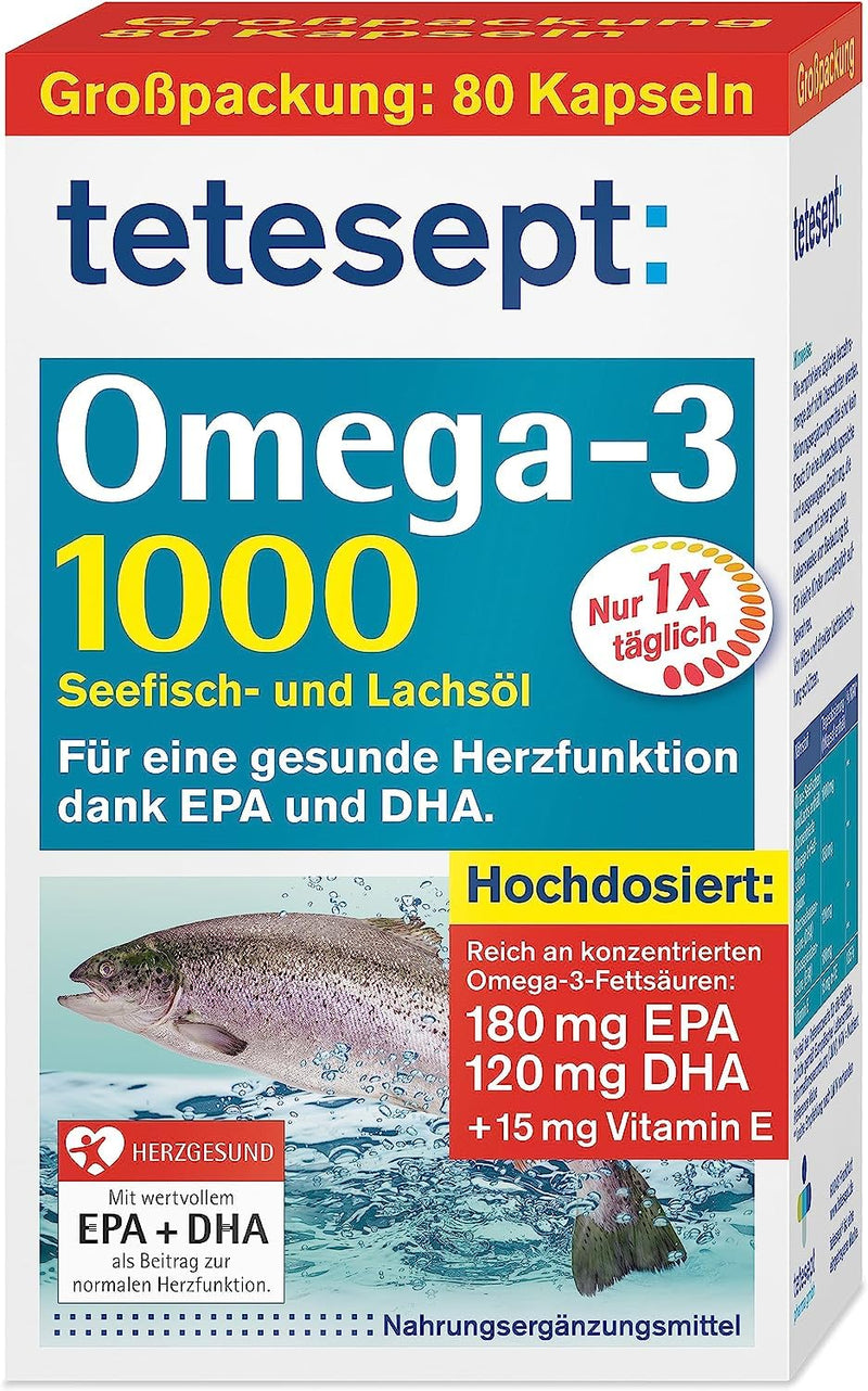 Tetesept Omega-3 1000 - Sea Fish And Salmon Oil Capsules - High Dose Omega 3 Fatty Acids Dha, Epa And Vitamin E - Supports Cardiovascular System - 1 X 80 Capsules [Dietary Supplement] - NewNest Australia