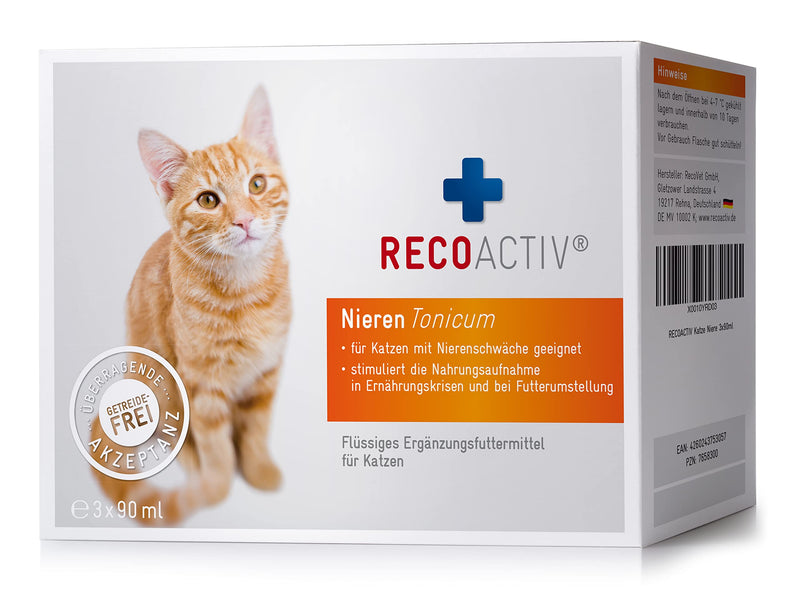 RECOACTIV kidney tonic for cats, for signs of kidney dysfunction, in convalescence and for prophylaxis. High-quality protein, appetite-stimulating supplementary feed 3 x 90 ml 3 x 90ml - PawsPlanet Australia
