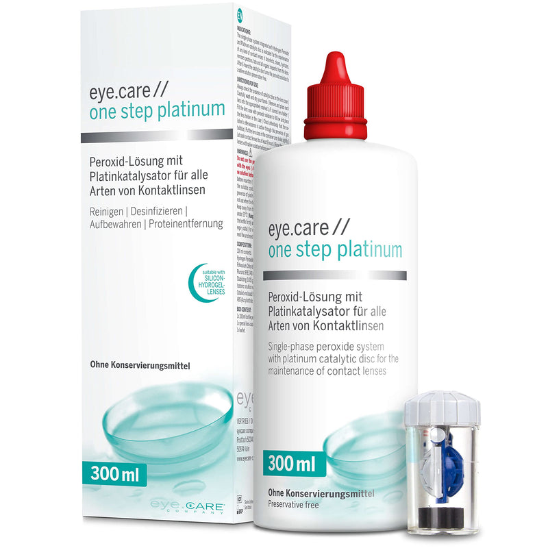 Eye.care platinum solution peroxide cleaner with platinum catalyst for disinfecting soft and hard contact lenses. Without preservatives including container 300 ml - NewNest Australia