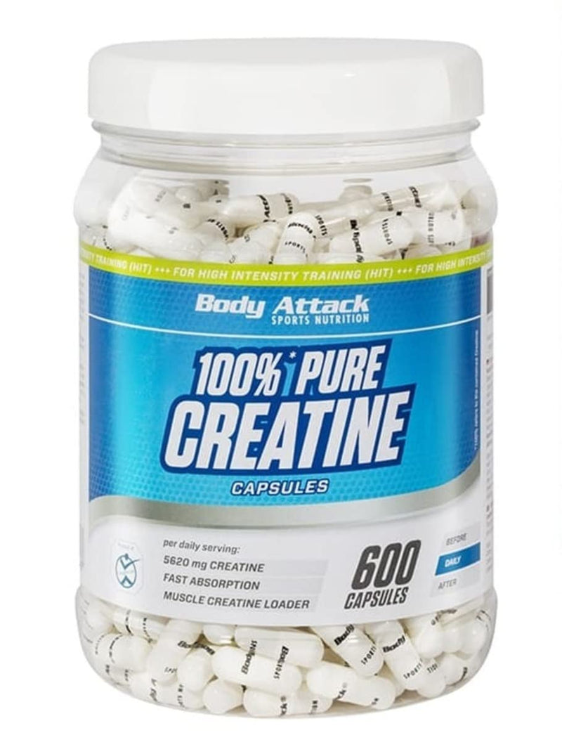 Body Attack 100% Pure Creatine - 600 capsules - Made in Germany - high-quality microfine creatine monohydrate - high-dose creatine capsules for practical use - before or after training 600 pieces (pack of 1) - NewNest Australia