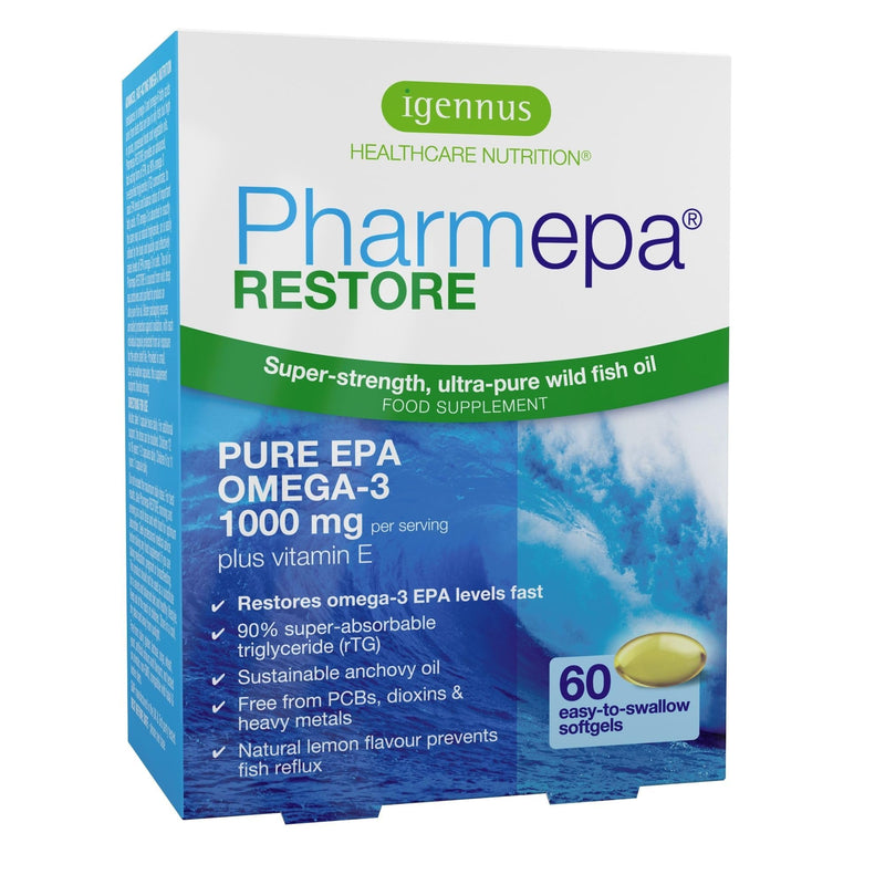 PharmEPA RESTORE 1000mg pure EPA in triglyceride form, Omega 3 90% EPA fatty acids in fish oil capsules, high dose, triple strength, 60 capsules, from Igennus - NewNest Australia