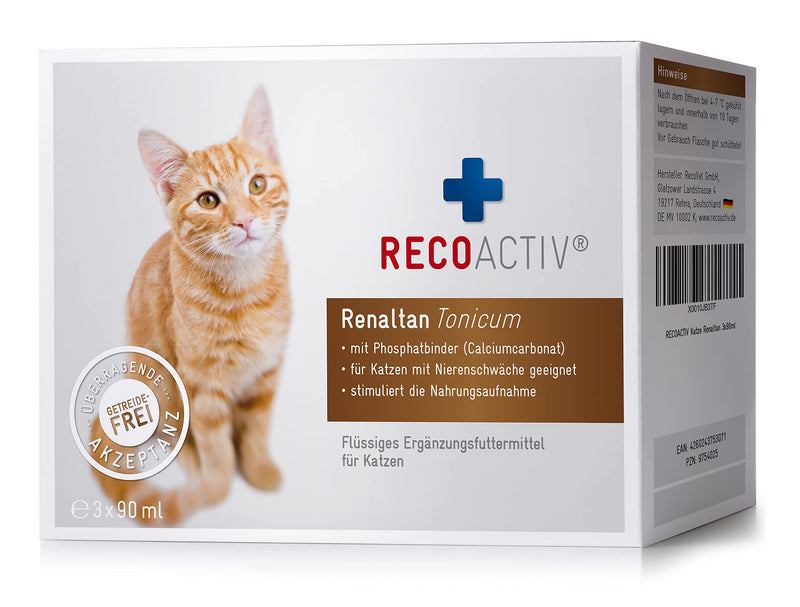 RECOACTIV Renaltan Tonicum for cats, 3 x 90 ml, with phosphate binder to reduce phosphate absorption from food and support kidney function, supplementary feed - PawsPlanet Australia