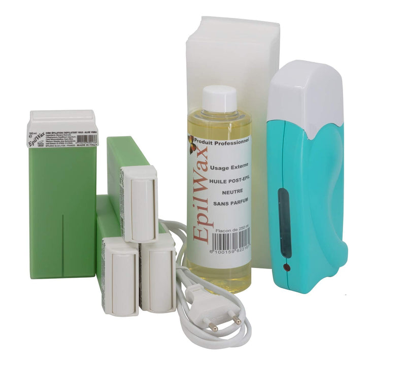 Epilwax Wax Warmer Waxing Set For Depilation Hair Removal - With 4 Aloe Vera Roll On Wax Cartridges, Waxing Device, 100 Fleece Strips And After-Treatment Oil - NewNest Australia