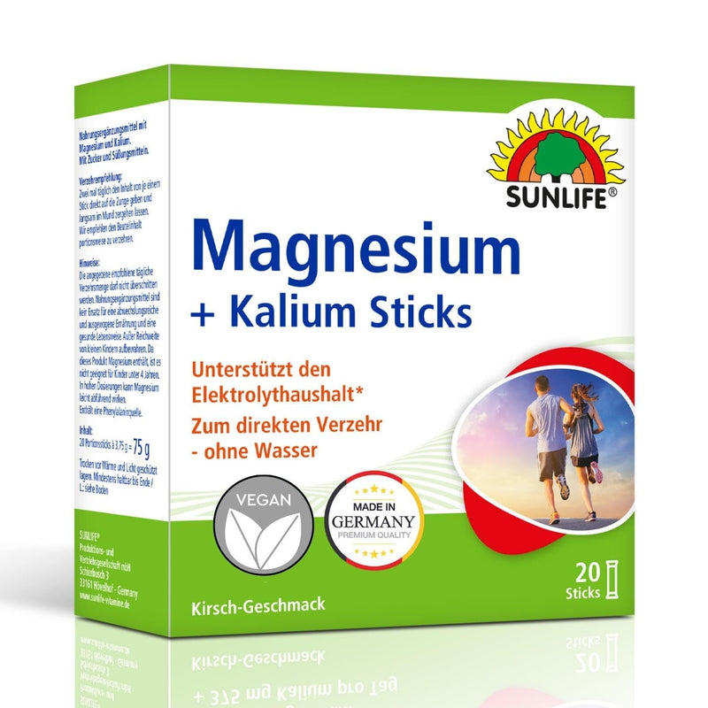 SUNLIFE Magnesium & Potassium Sticks 3 x 20 sticks - magnesium potassium with cherry flavor - sticks with 400mg magnesium & 375mg potassium - vegan & gluten-free - for quick direct consumption - NewNest Australia