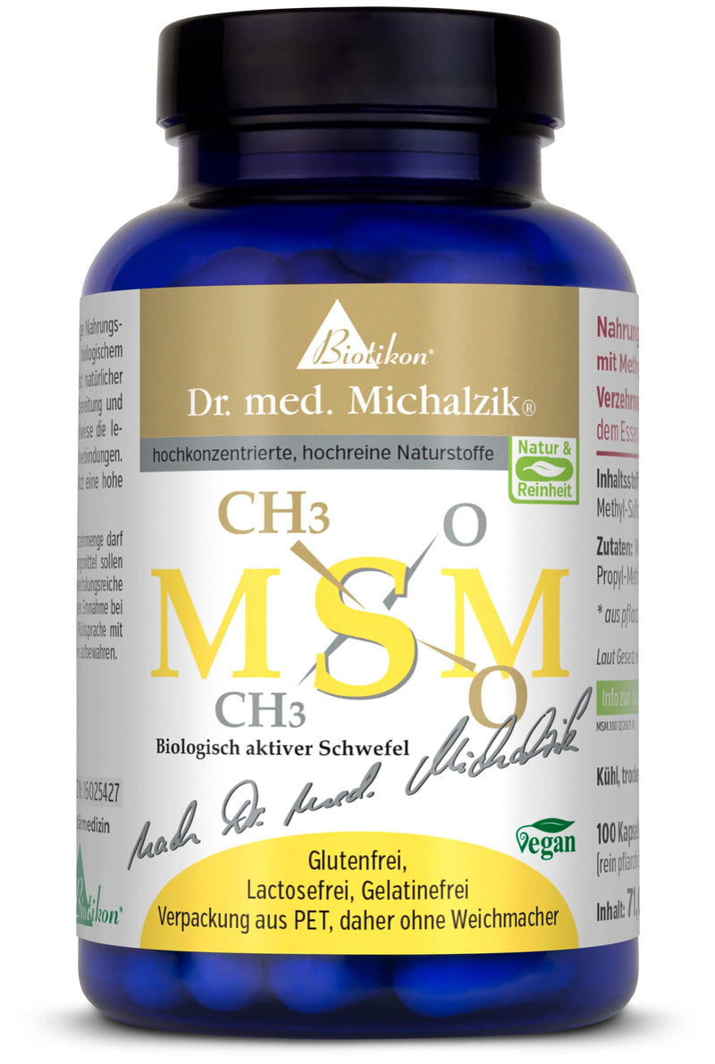 MSM Dr. med. Michalzik | Daily dose - high-quality organically bound sulfur [1200mg] | 100% pure methyl sylfonyl methane - 100 capsules - without additives - from BIOTIKON® - NewNest Australia