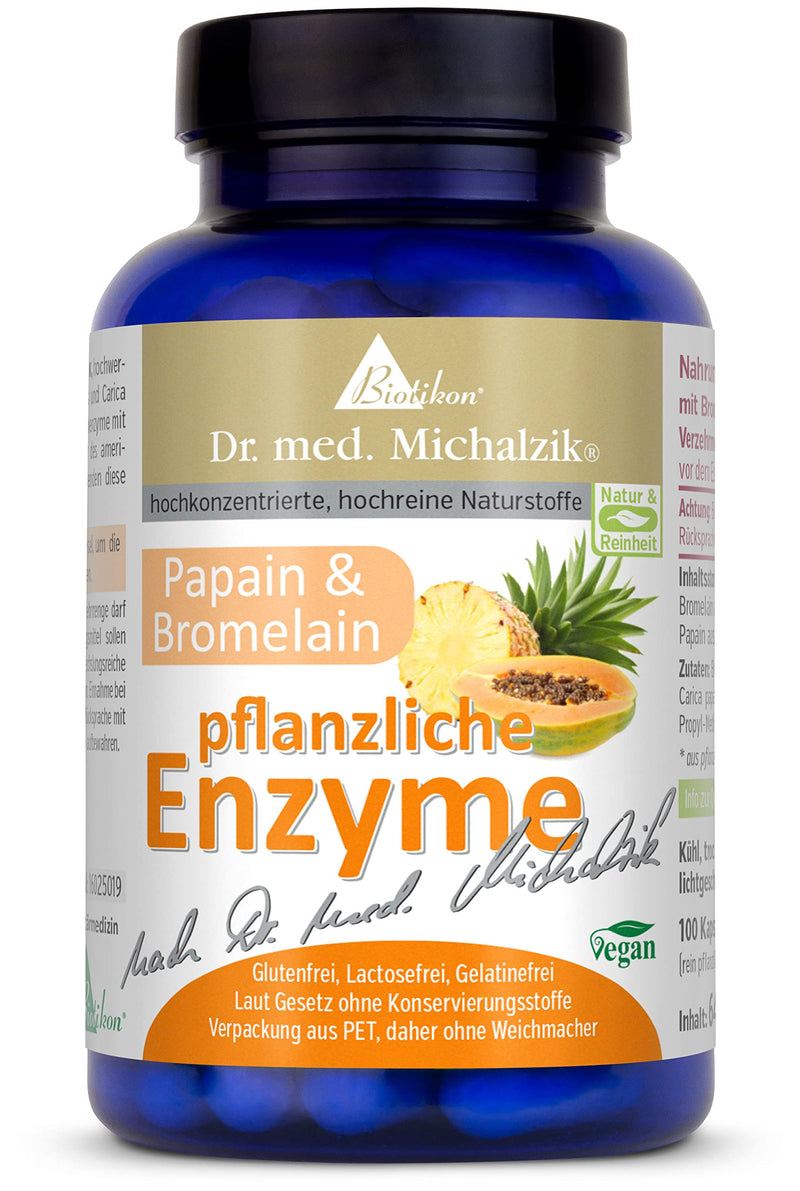 Enzymes Vegetable Dr. Michalzik - Contains High-Quality Plant Extracts - 100 Capsules - Each Capsule 340 Mg Bromelain 170 Mg Papain - No Additives - By Biotikon - NewNest Australia