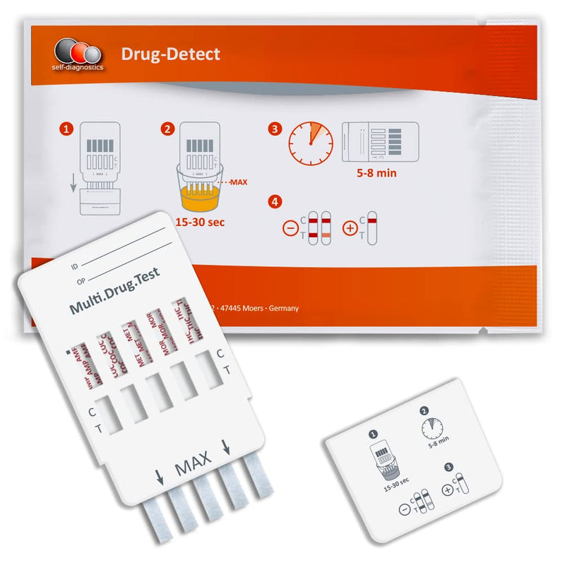 self-diagnostics rapid drug test Multi 5 - detection of the 5 types of drugs cocaine, cannabis (THC), amphetamine, opiates/morphine & methamphetamine - 5 min urine drug test - rapid test - urine test - NewNest Australia