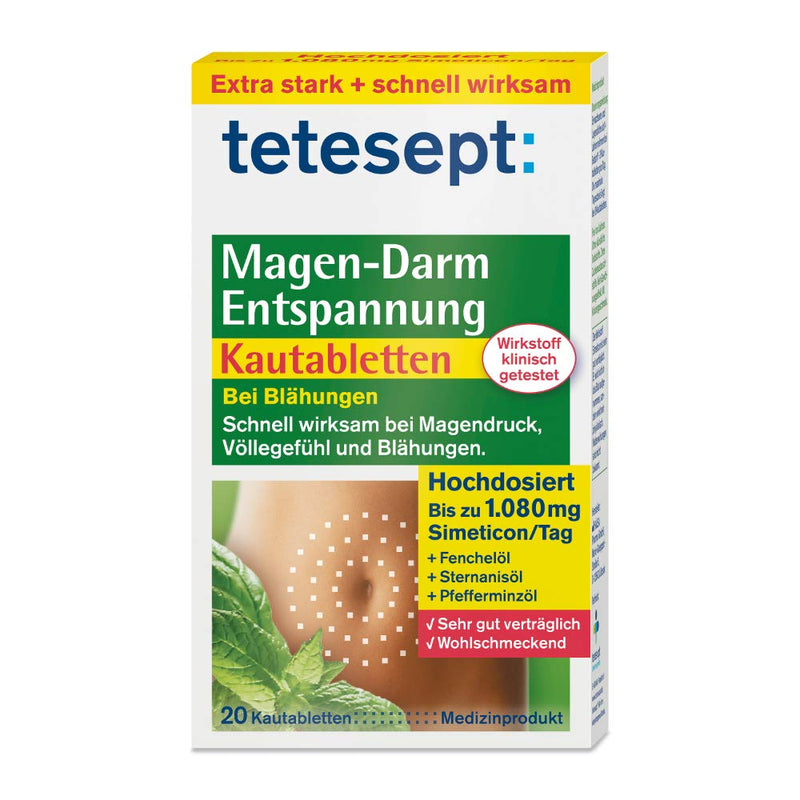 Tetesept Gastrointestinal Relaxation Chewable Tablets - With Herbal Flavor - Medical Device For Use With Flatulence, Fullness And Stomach Pressure - High Dose With Simeticon 1 X 20 Pieces - NewNest Australia