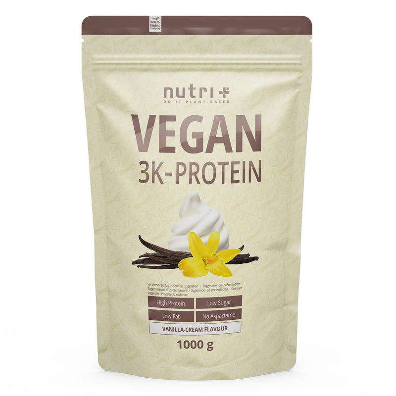Nutri + Vegan Protein Powder Vanilla 1 kg 83% protein - 3k protein powder 1000 g - Shake Vanilla Cream Flavor - vegetable protein powder without lactose, aspartame, sugar, stevia & milk 1 kg (pack of 1) - NewNest Australia