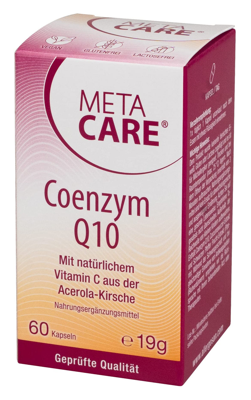 META CARE Coenzyme Q10 - Ideally combined with natural vitamin C from the acerola cherry - Optimized absorption thanks to black pepper extract - 60 capsules, 19 g - NewNest Australia