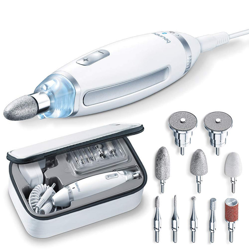 Beurer MP 62 manicure/pedicure set, electric nail file with 10 high-quality nail care attachments, LED light, nail cutter with stepless speed control, with storage bag, white 5,400 rpm - NewNest Australia