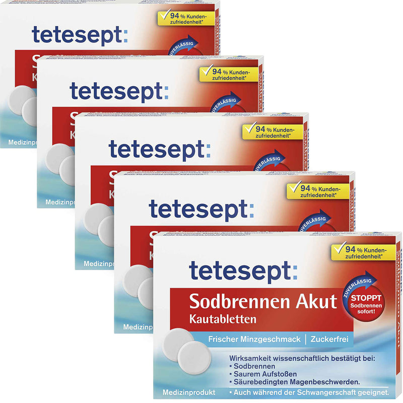 tetesept heartburn acute chewable tablets with fresh mint flavor, sugar-free - fast-acting stomach tablets against heartburn - 5 packs of 20 tablets - NewNest Australia