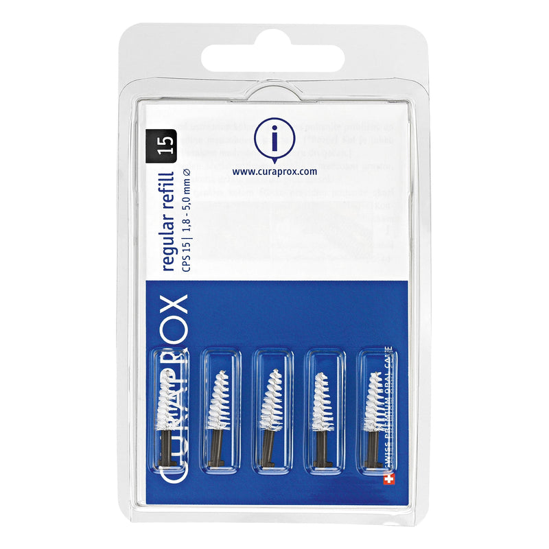 Curaprox interdental brushes CPS 15 regular, refill, 5 pieces, black, conical, 1.8 mm diameter, 5 mm effectiveness, refill pack, without holder, 5 pieces (pack of 1) - NewNest Australia