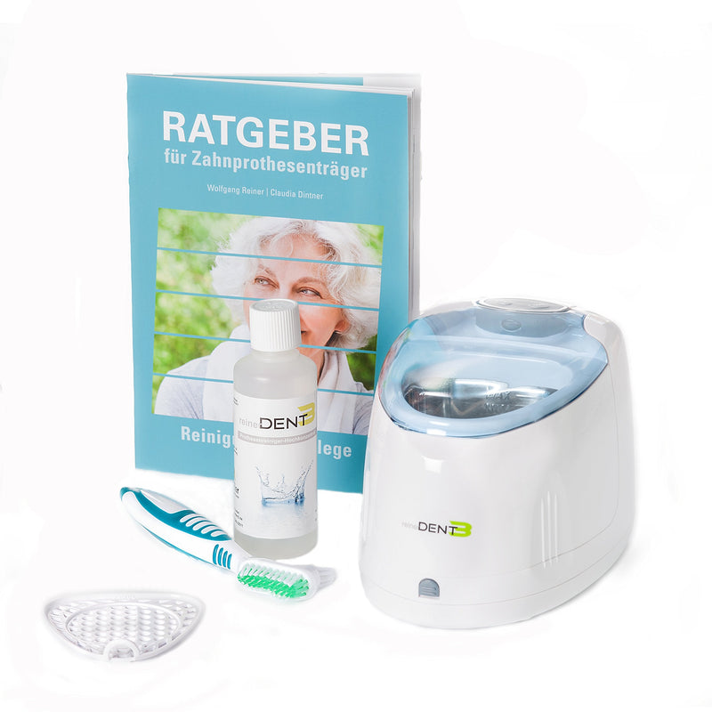 reinerDENT3 Dental ultrasonic cleaning device - including denture brush + 50ml free sample ReinerDENT3 denture cleaner + 32-page guide for denture wearers - the dentist recommendation with 2 year guarantee - NewNest Australia