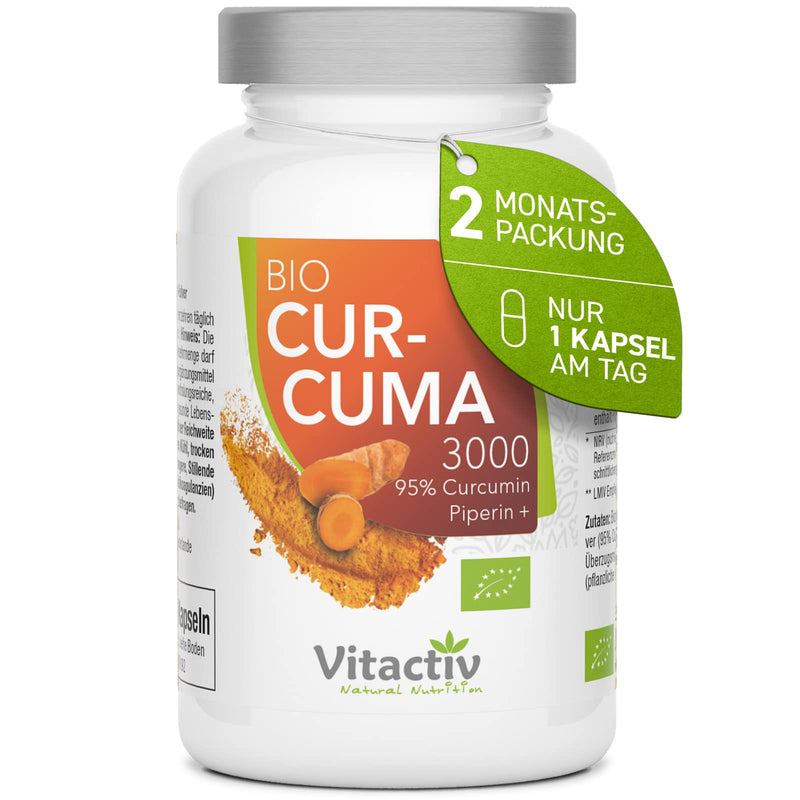 Bio Curcuma 3000, Highly Dosed Ayurvedic Organic Turmeric Capsules With Piperine (Pepper) For Best Bioavailability, 95% Curcumin Content Through 30:1 Extraction, Equivalent To 3000 Mg Turmeric Powder, 60 Capsules - NewNest Australia