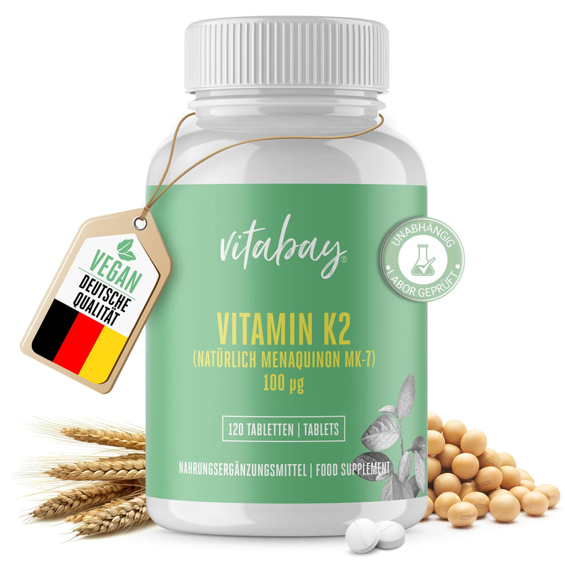 Vitabay Vitamin K2 100 µg high dose (mcg) - VEGAN 120 Vitamin K2 tablets MK7 MK-7 made from natural ingredients and laboratory tested - Vit K2 Vitamin K 2 (Menaquinone-7) All-Trans Form K2 Vitamin Vitamin-k2 120 pieces (pack of 1) - NewNest Australia