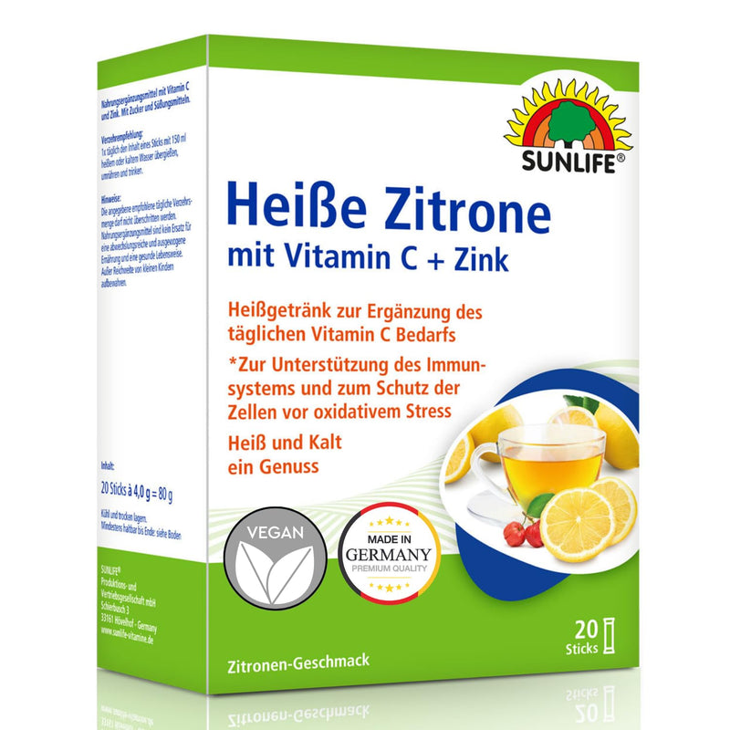 SUNLIFE Hot Lemon with Vitamin C & Zinc - 1x20 Powder Sticks - Dietary Supplement to Support the Immune System - Per Daily Dose 160 mg Vitamin C & 5 mg Zinc - Lemon Hot Drink 20 Servings (Pack of 20) - NewNest Australia