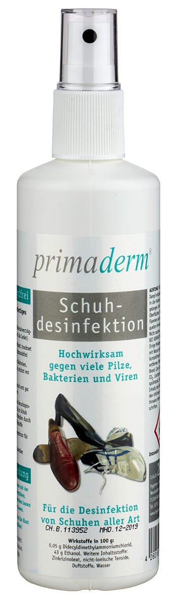 Primaderm shoe disinfection in spray, disinfectant against fungi, bacteria and viruses in shoes, 1x 250ml spray bottle 1 - NewNest Australia
