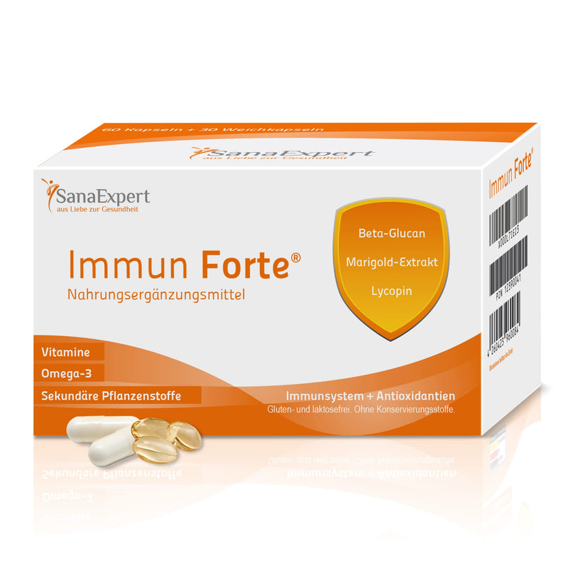 Immun Forte, vitamin complex and minerals for the immune system, omega-3 fatty acids, beta-glucan, marigold extract, lycopene and lutein, 90 capsules (69 g) - SanaExpert 1 - NewNest Australia