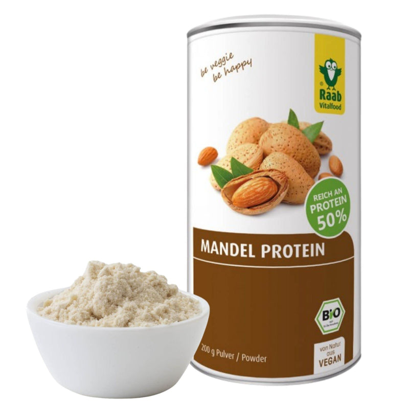 Raab Vitalfood Organic Almond Protein with Natural Calcium, Partially Oiled, Vegan, Gluten-Free, Protein Shake; Almond Flour, Almond Drink 50% Protein, 200g - NewNest Australia