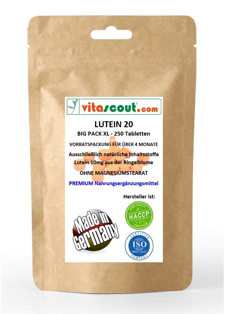 Lutein 20 II 250 tablets of 10 mg each - for over 4 months - WITHOUT MAGNESIUM STEARATE - MADE IN GERMANY from VITASCOUT® - NewNest Australia