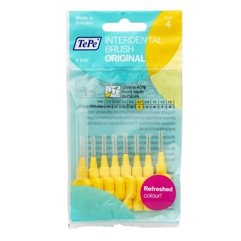 TePe Interdental Brush, Original, Yellow, 0.7 mm/ISO 4, 8pcs, plaque removal, efficient clean between the teeth, tooth floss, for narrow gaps - NewNest Australia