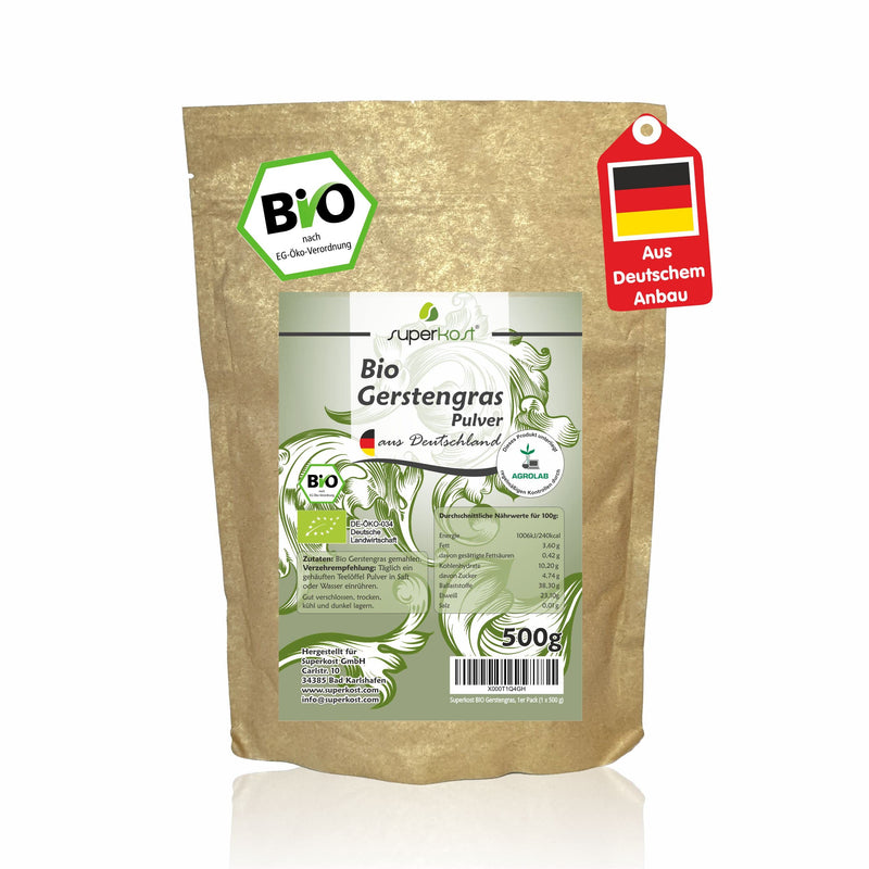 Superkost ORGANIC Barley Grass Powder Organically Grown in Bavaria, Germany, with Laboratory Test Seal, Raw Food Quality, Pack of 1 (1 x 500 g) - NewNest Australia