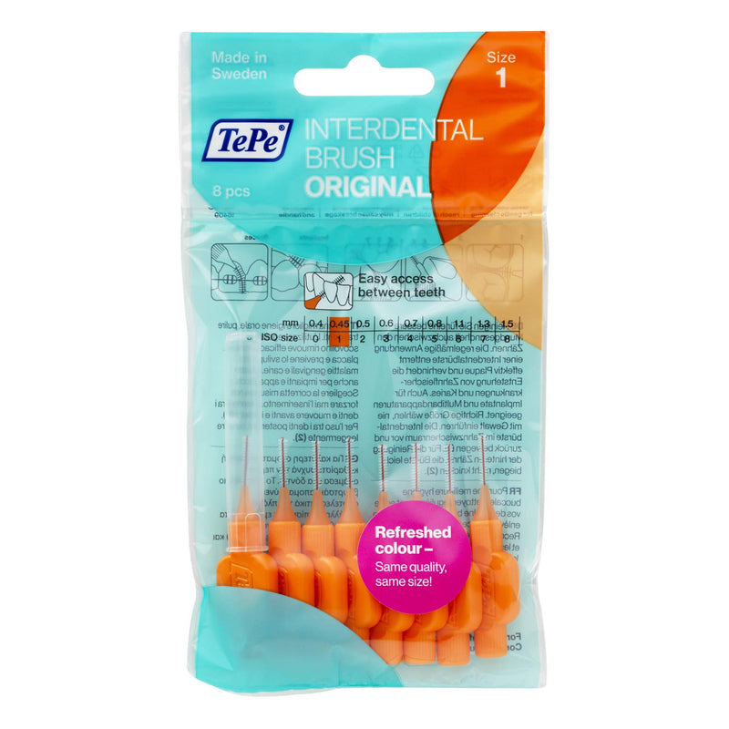 TePe Interdental Brush, Original, Orange, 0.45 mm/ISO 1, 8pcs, plaque removal, efficient clean between the teeth, tooth floss, for narrow gaps - NewNest Australia
