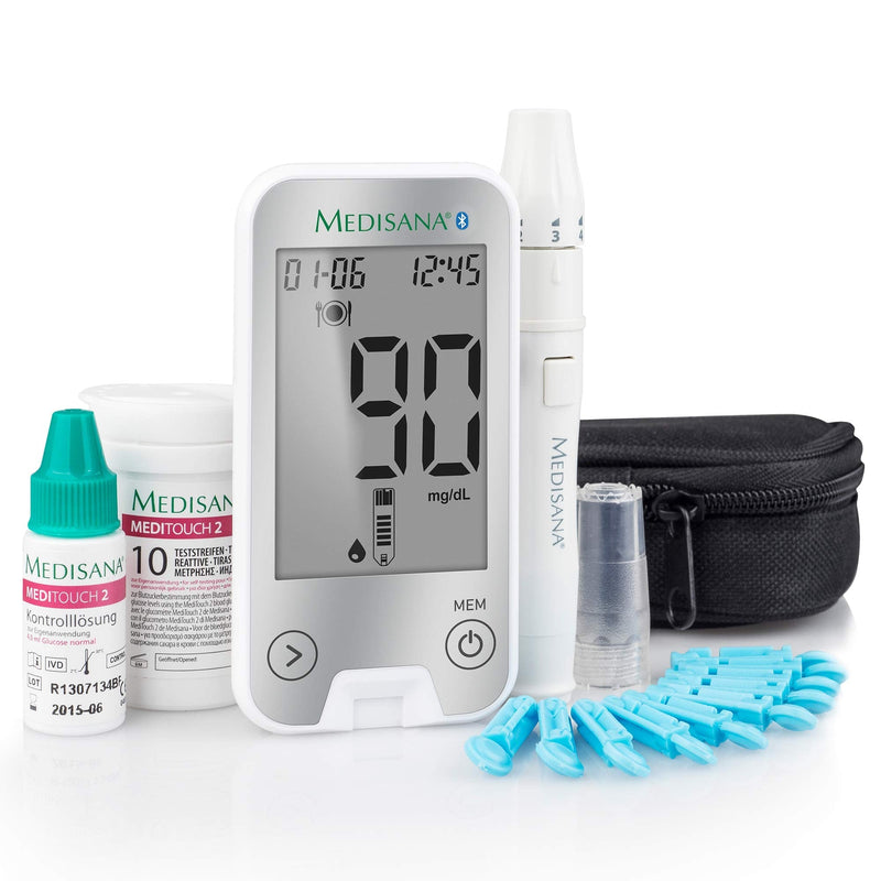 Medisana MediTouch 2 connect blood glucose meter mg/dL and mmol/L, starter set with test strips and blood lancets, blood glucose measuring system for diabetics, blood glucose level, silver edition - NewNest Australia