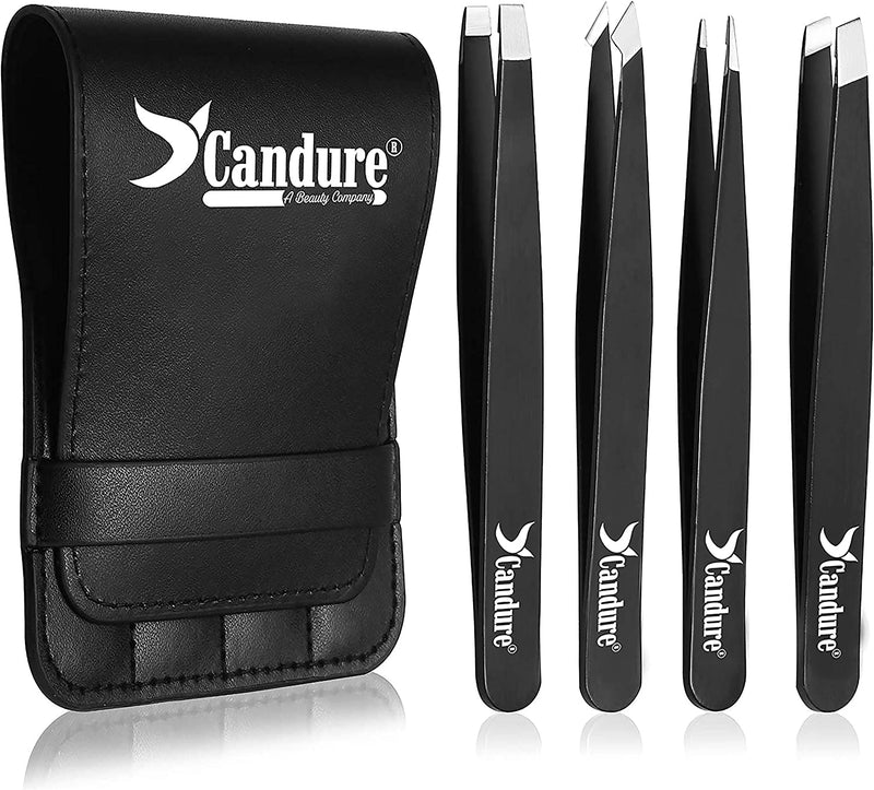 Candure Professional Eyebrow Tweezers Precision Set 4 Stainless Steel Tweezers for Removing Blackheads, Ingrown Hairs, Eyelashes Black - NewNest Australia