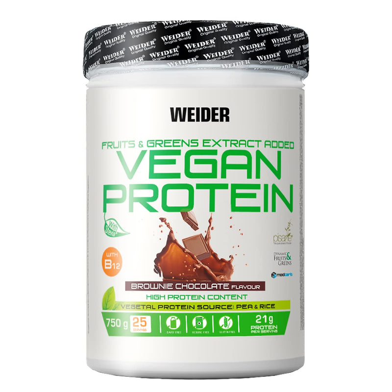 Weider Vegan Protein, Brownie Chocolate, Vegan Protein Powder With Pea & Rice Protein, With Fruit & Vegetable Extracts, No Artificial Sweeteners, No Added Sugar, Gluten-Free, 750G (25 Servings) - NewNest Australia