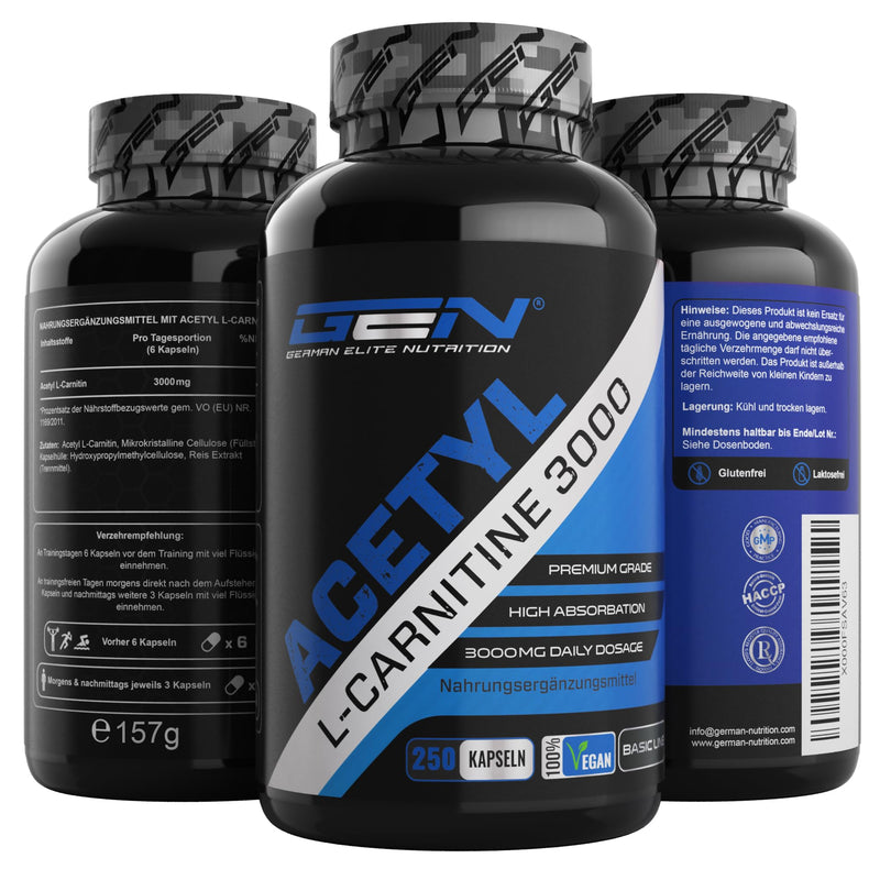 Acetyl L-Carnitine 3000 with 250 capsules - 3000 mg per daily serving - Premium: L-Carnitine as acetyl form - High dosage - Laboratory-tested quality - Vegan - NewNest Australia