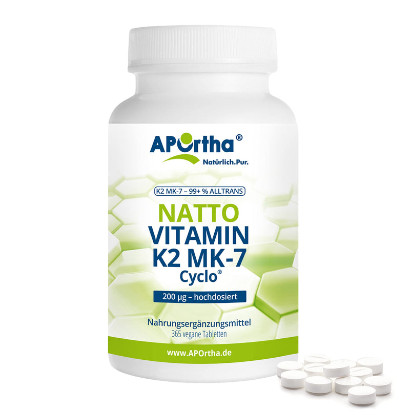 APOrtha Vitamin K2 MK7 200 µg 99+% ALL-Trans, 365 tablets high-dose vegan, high-quality Natto K2 vitamin easy to swallow dietary supplement Vit K2, vitamin K 2 alternative to K2 drops capsules - NewNest Australia