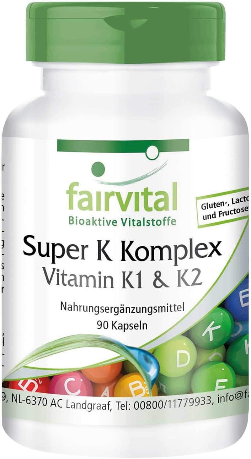 Fairvital | Vitamin K complex - Super K with vitamin K1 & K2 MK-7-2200µg vitamin K per capsule - HIGH DOSE - Phytomenadione + Menaquinone MK-7 - VEGAN - 90 capsules - NewNest Australia