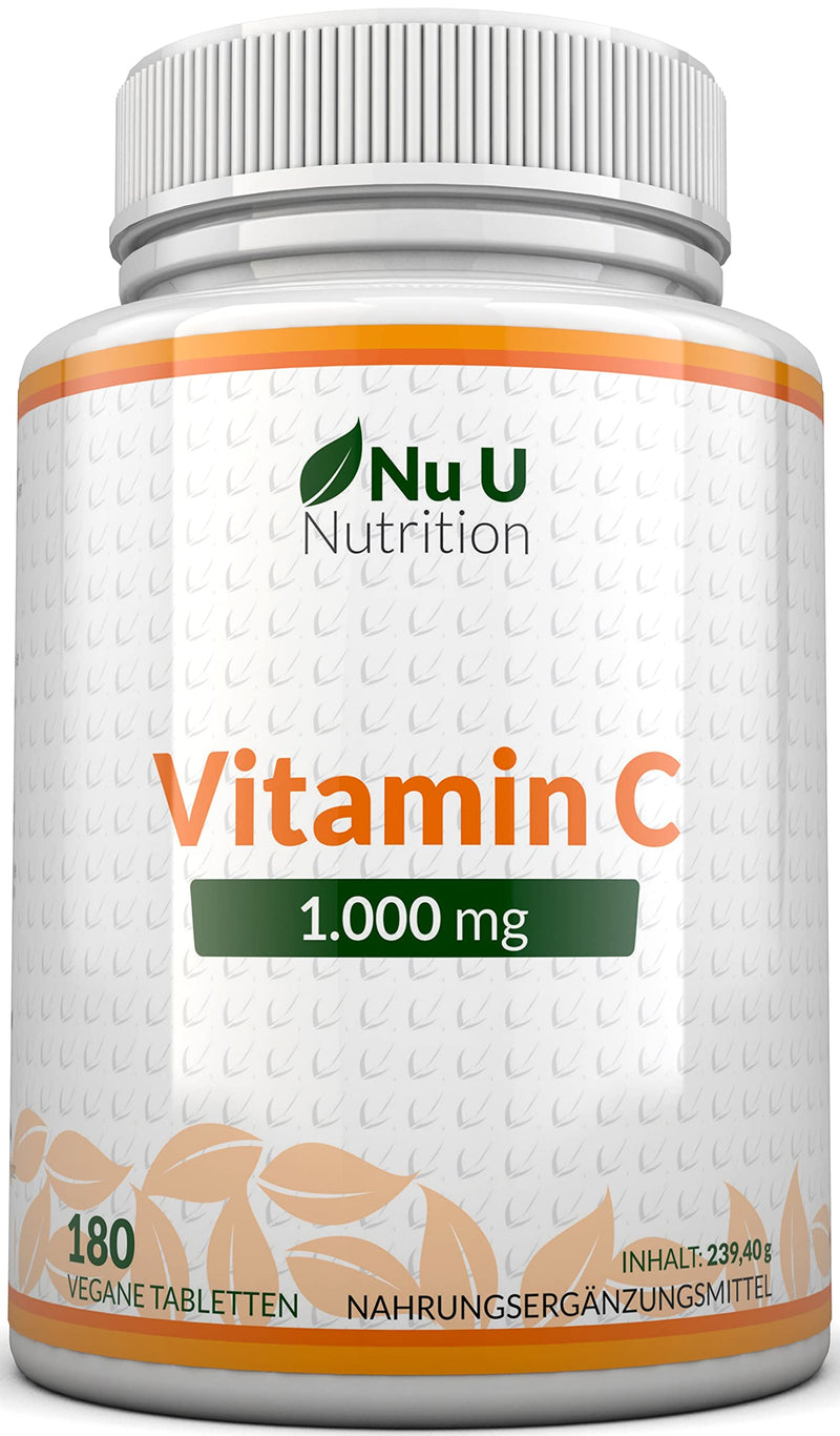 Vitamin C 1000mg High Dose - 180 Vegan Tablets - Vit C for 6 Months - From Nu U Nutrition - NewNest Australia
