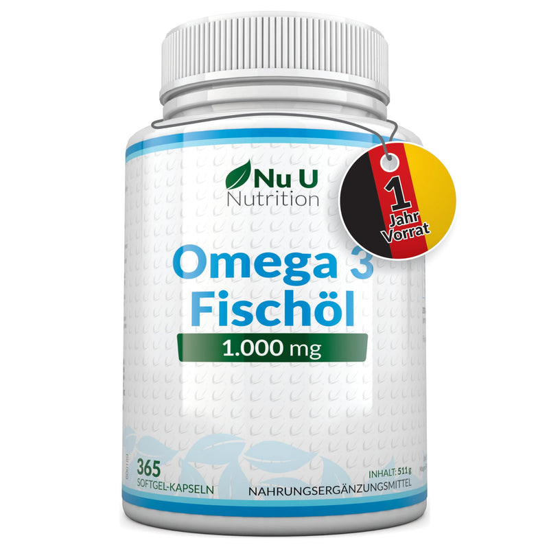 Omega 3 Fish Oil 1000mg - 365 Softgel Capsules - Pure Fish Oil from Sustainable Fishing - 900mg EPA & DHA per dose - Nu U Nutrition - NewNest Australia