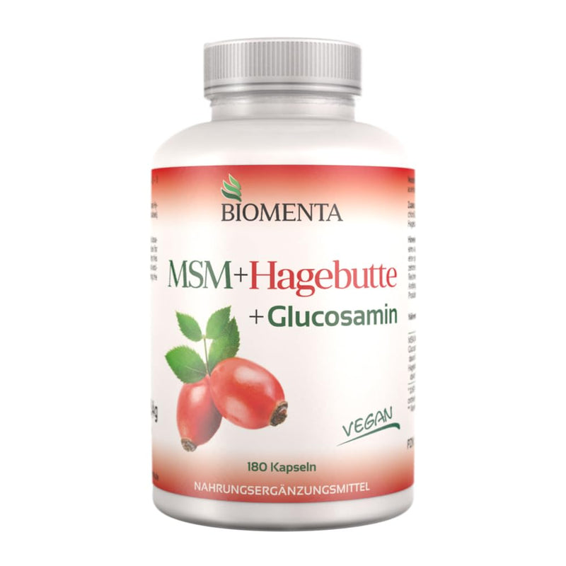 BIOMENTA MSM + Rosehip + Glucosamine - 180 allergen-free MSM capsules high dosage with 1,200mg sulfur powder + 750mg glucosamine HCl + 300mg rosehip extract/day - vegan - premium quality - NewNest Australia