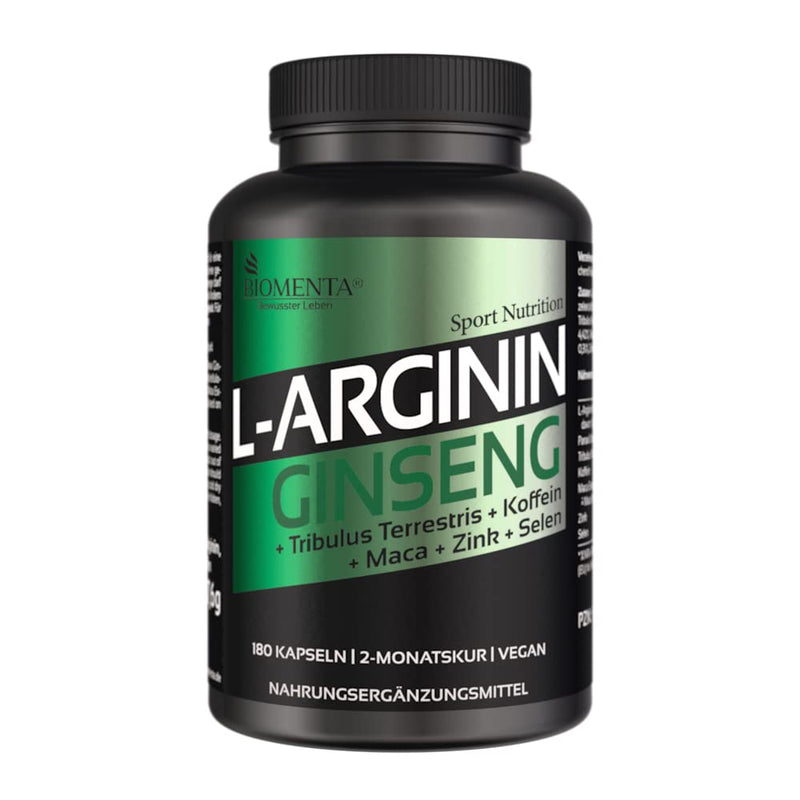 BIOMENTA Arginine + Ginseng - Vegan - with L-Arginine, Ginseng, Maca, Tribulus Terrestris, Caffeine, Zinc, Selenium - 180 L-Arginine Ginseng Capsules High Dose - 2 Month Treatment - NewNest Australia
